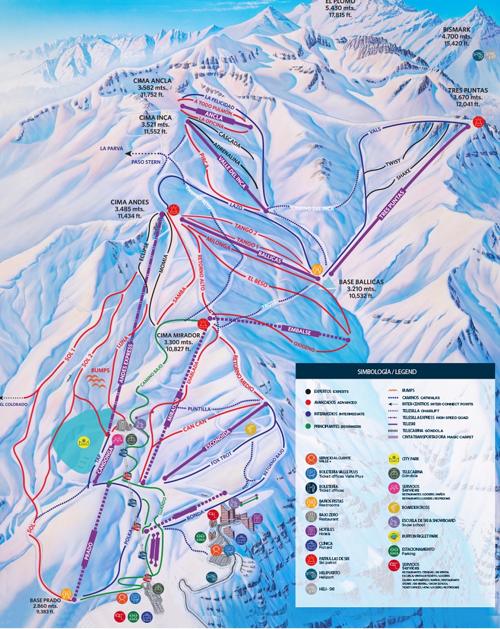 Cartina Valle Nevado - Mappa piste di sci Valle Nevado