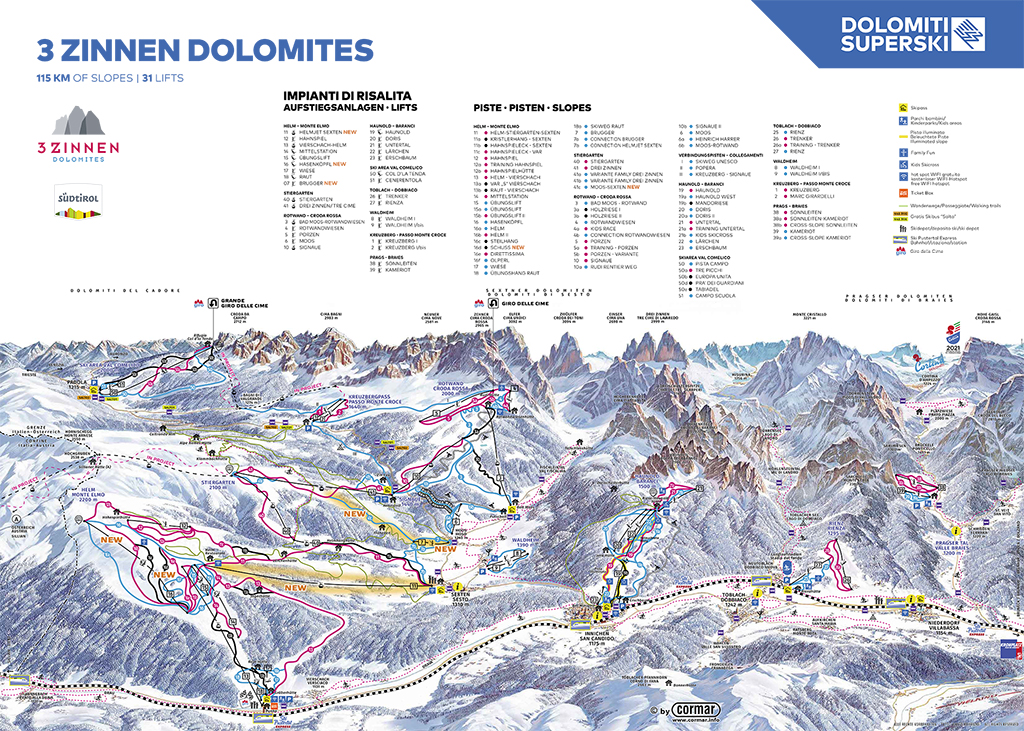 Cartina piste sci Tre Cime Dolomiti - Skimap Tre Cime Dolomiti