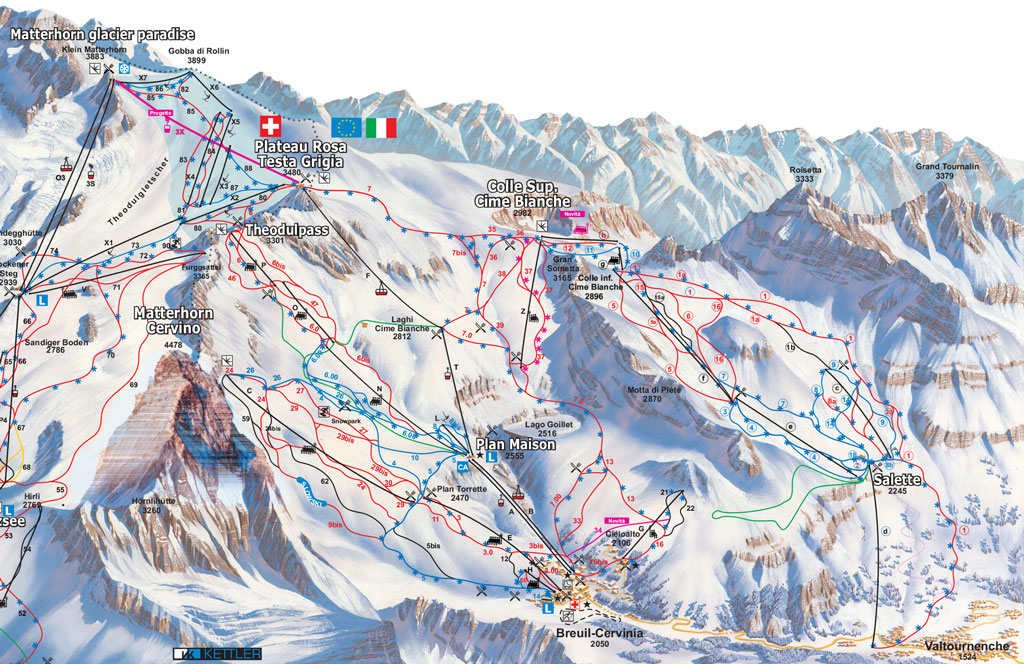 Cartina Breuil Cervinia - Mappa piste sci Breuil Cervinia