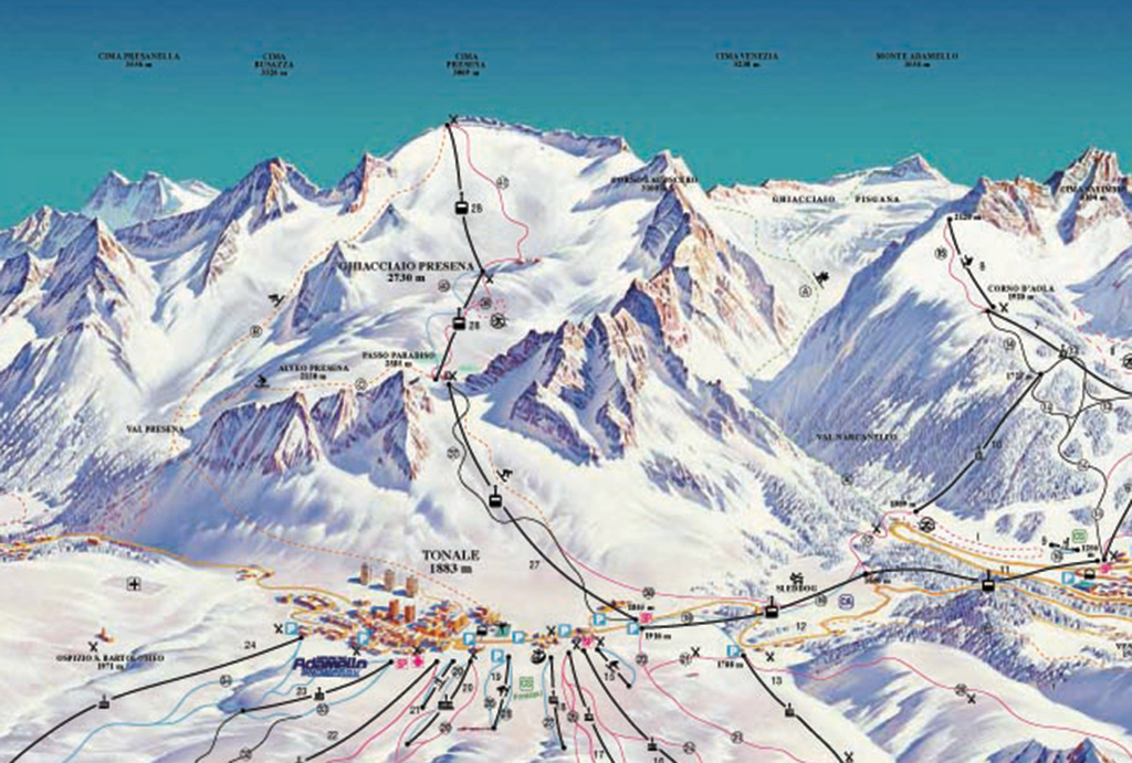 Cartina Presena -Skimap piste Ghiacciaio Presena