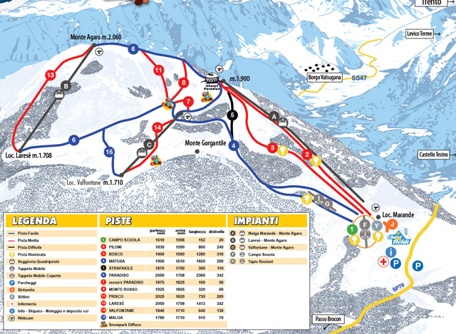 Cartina Lagorai - Passo Brocon - Mappa piste sci Lagorai - Passo Brocon