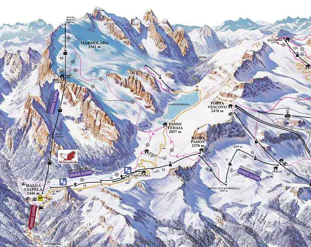 Cartina Malga Ciapela Marmolada - Mappa piste sci Marmolada