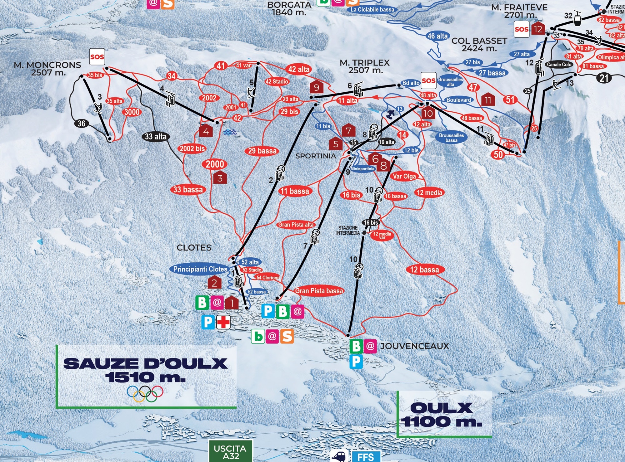 Cartina Sauze d'Oulx - Mappa piste sci Sauze d'Oulx