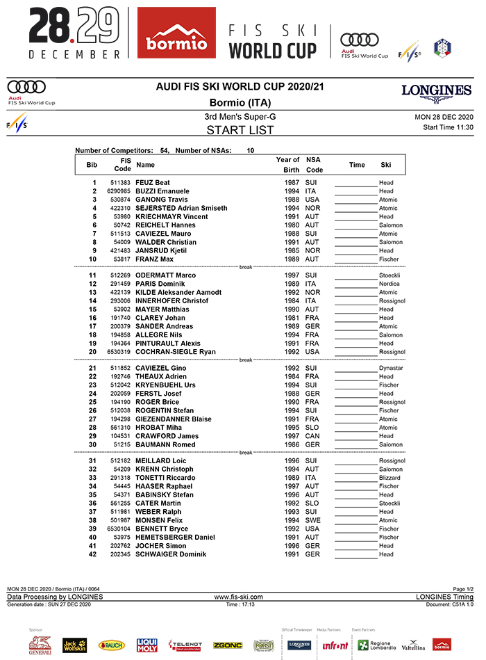 start list superg bormio