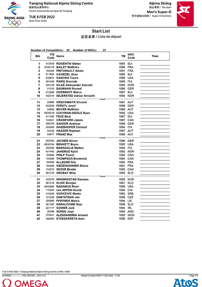 startlist superg pechino 2022