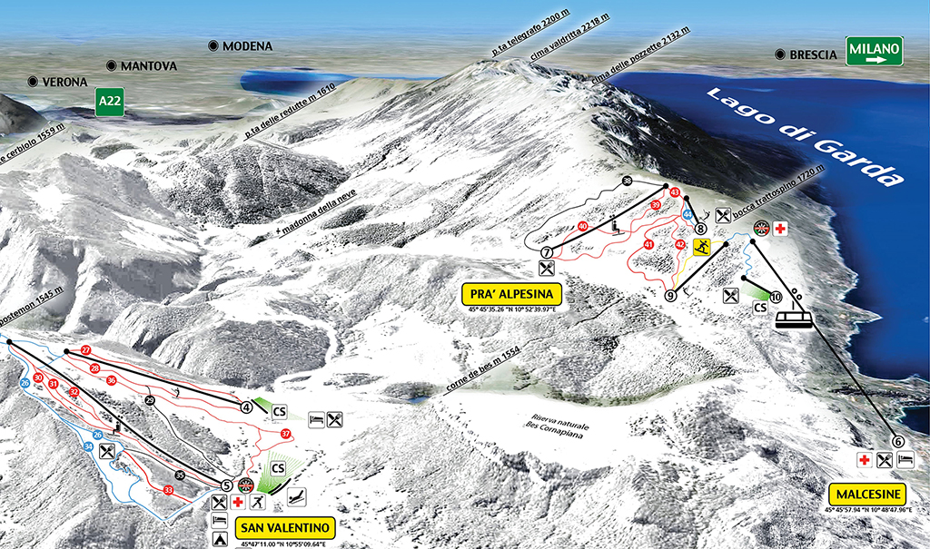 Cartina piste sci Monte Baldo - Malcesine - Skimap Monte Baldo - Malcesine