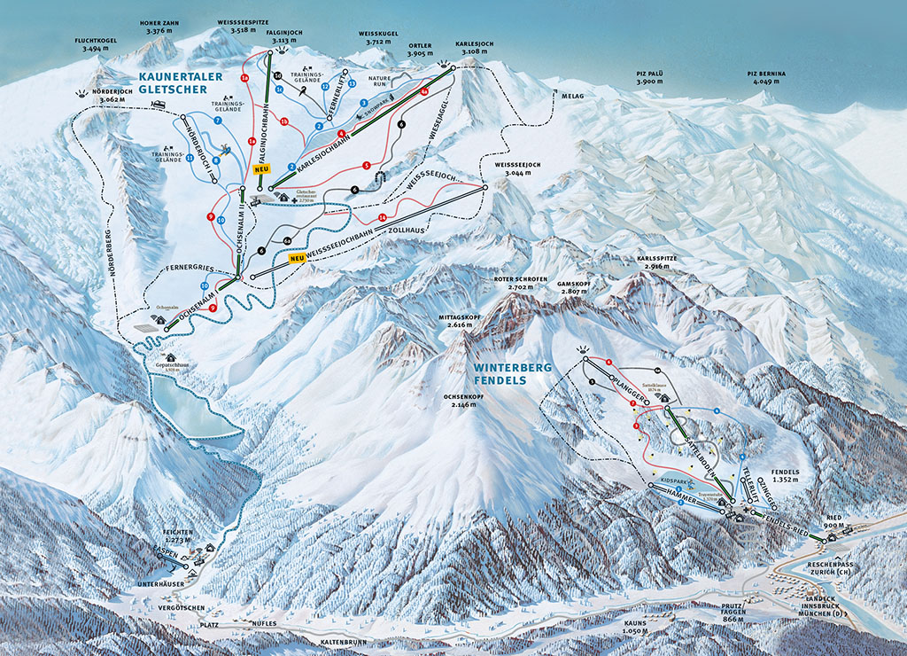 Cartina piste sci Kaunertal - Fendels - Skimap Kaunertal - Fendels