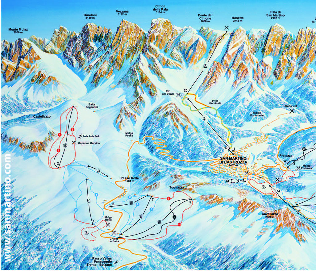 Skimap Passo Rolle, cartina piste da sci