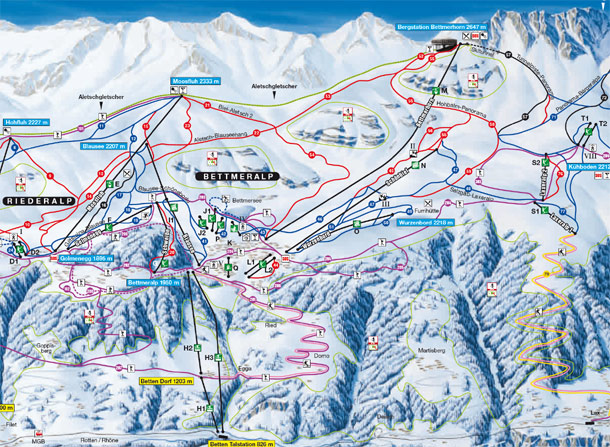 Cartina Bettmeralp - Skimap Aletsch Arena