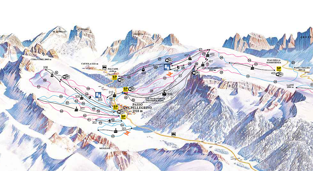Cartina Passo San Pellegrino - Mappa piste sci Passo San Pellegrino