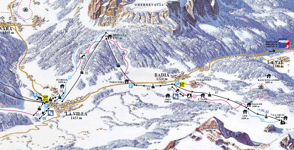 Cartina Pedraces - Mappa piste sci Badia
