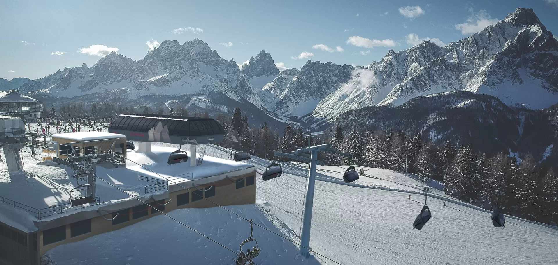 Tre Cime - Rendering stazione di monte nuova seggiovia Mittelstation