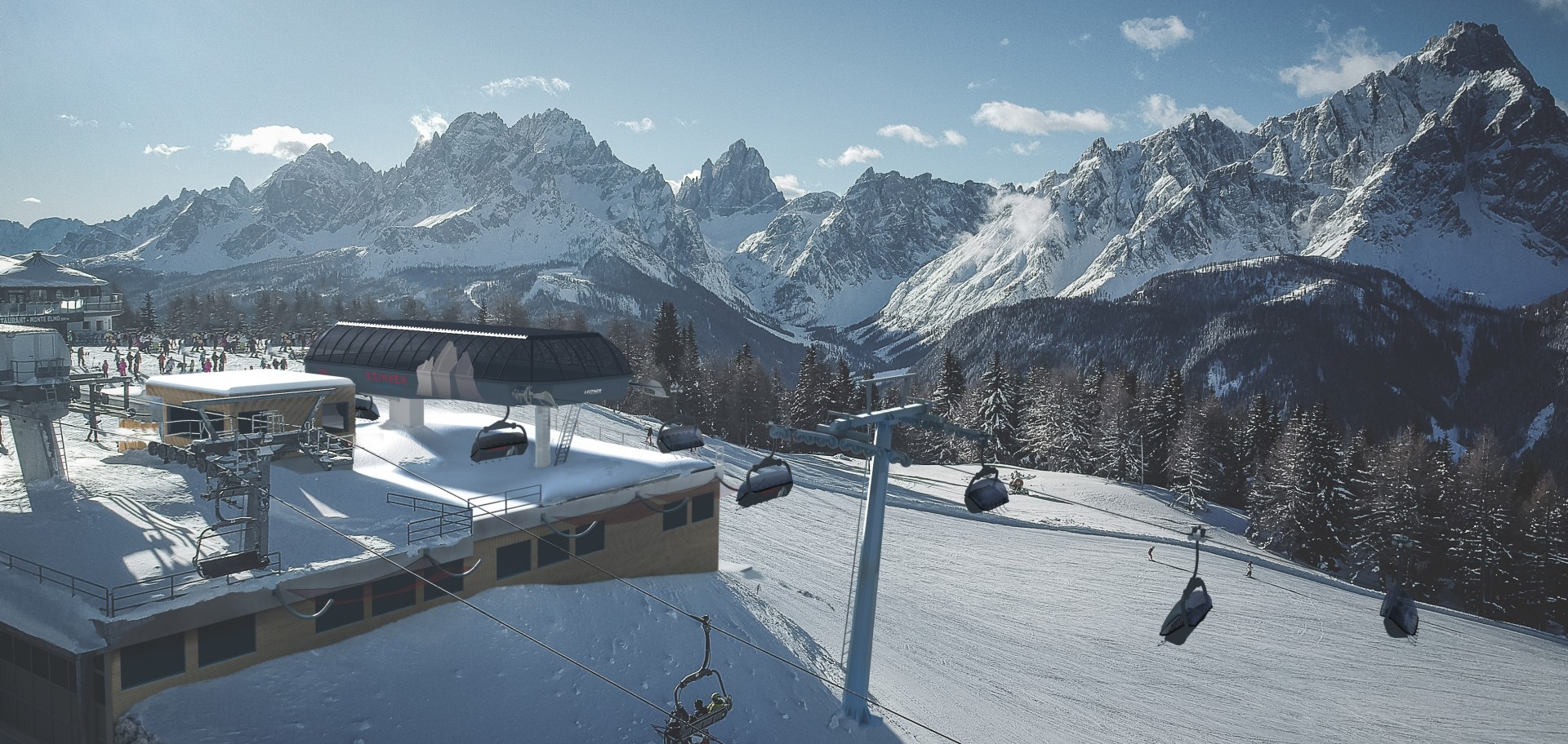 Tre Cime - Rendering stazione di monte nuova seggiovia Mittelstation